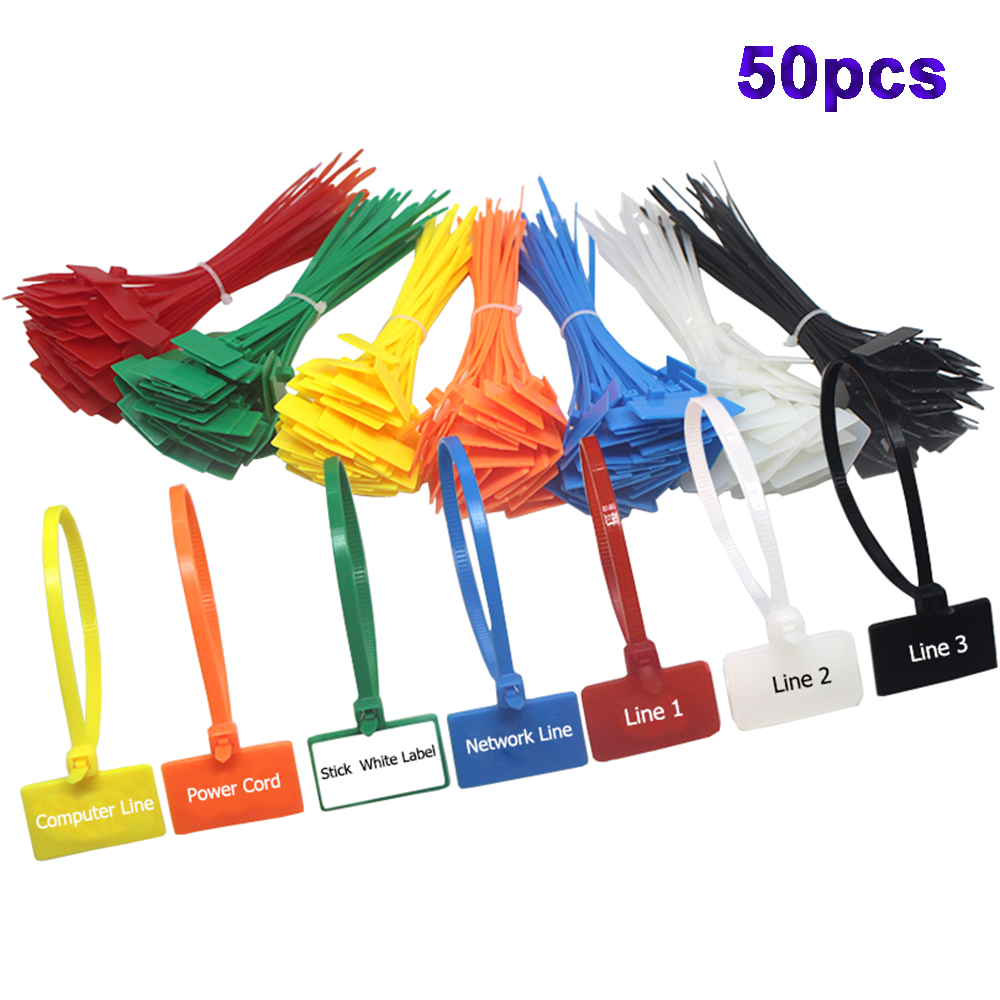 50pcs Easy Mark Self-locking Nylon Plastic Loop Wire Ties Cable Winder Labels Tag