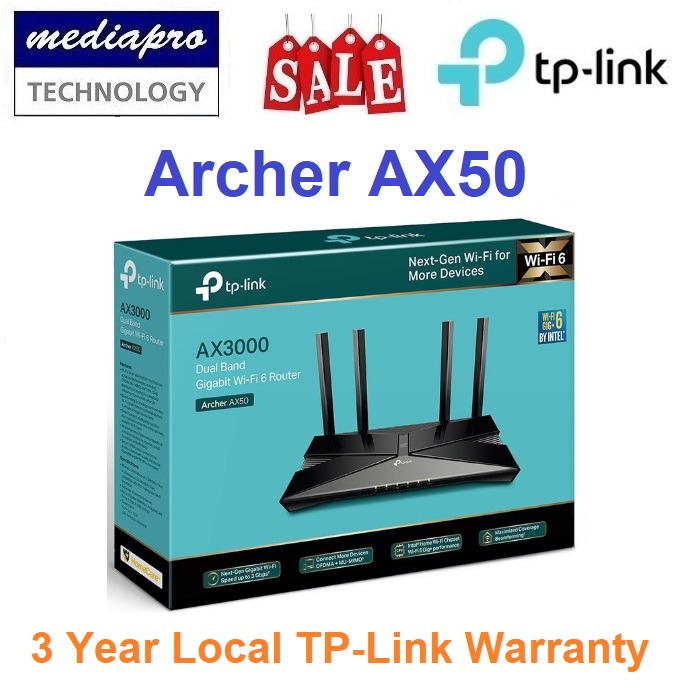 TP-Link Archer AX50 Next-Gen Gigabit Wi-Fi 6 AX3000 Dual Band Gigabit Router - Built-in Antivirus, QoS, Parental Controls - 3 Year Local Distributor Warranty