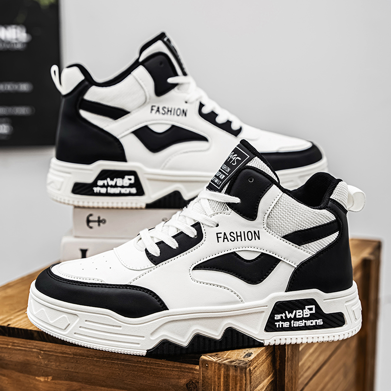 【READY STOCK】Men's high top sports shoes, outdoor casual board shoes, thick soled lightweight sports shoes, round toe lace up running shoes.