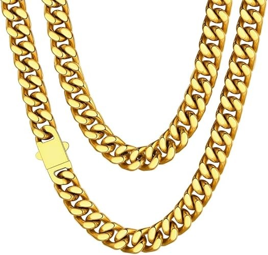 ChainsHouse Stainless Steel Men's Cuban Chain, Black/18K Gold Miami Cuban Chain Necklace, 5mm/7mm/9mm/12mm/14mm Width, Non-Discoloration Durable Hip Hop Men's Jewelry, 18" - 7" x 2.4", Sent in Gift Bo