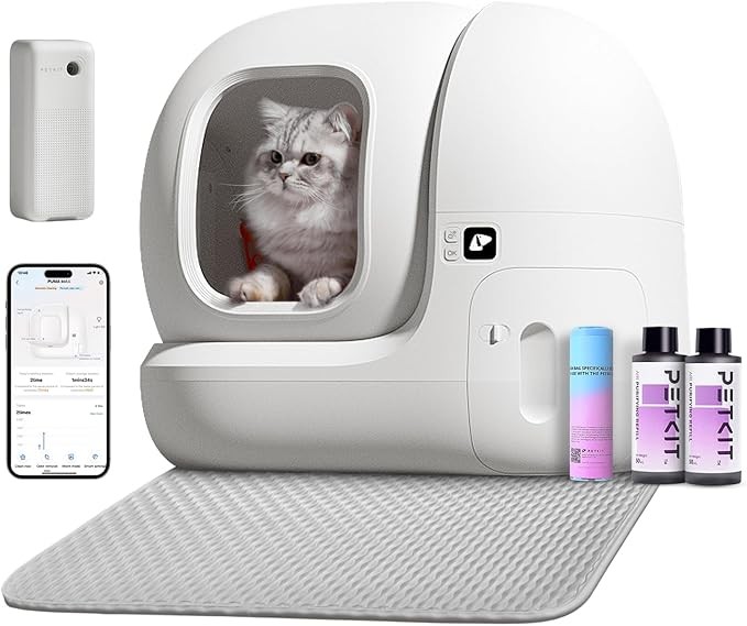 PETKIT Self Cleaning Cat Litter Box, PuraMax Cat Litter Box for Multiple Cats, App Control/xSecure/Odor Removal Automatic Cat Litter Box includes Trash Bags and K3 Smart Air Purifier Spray