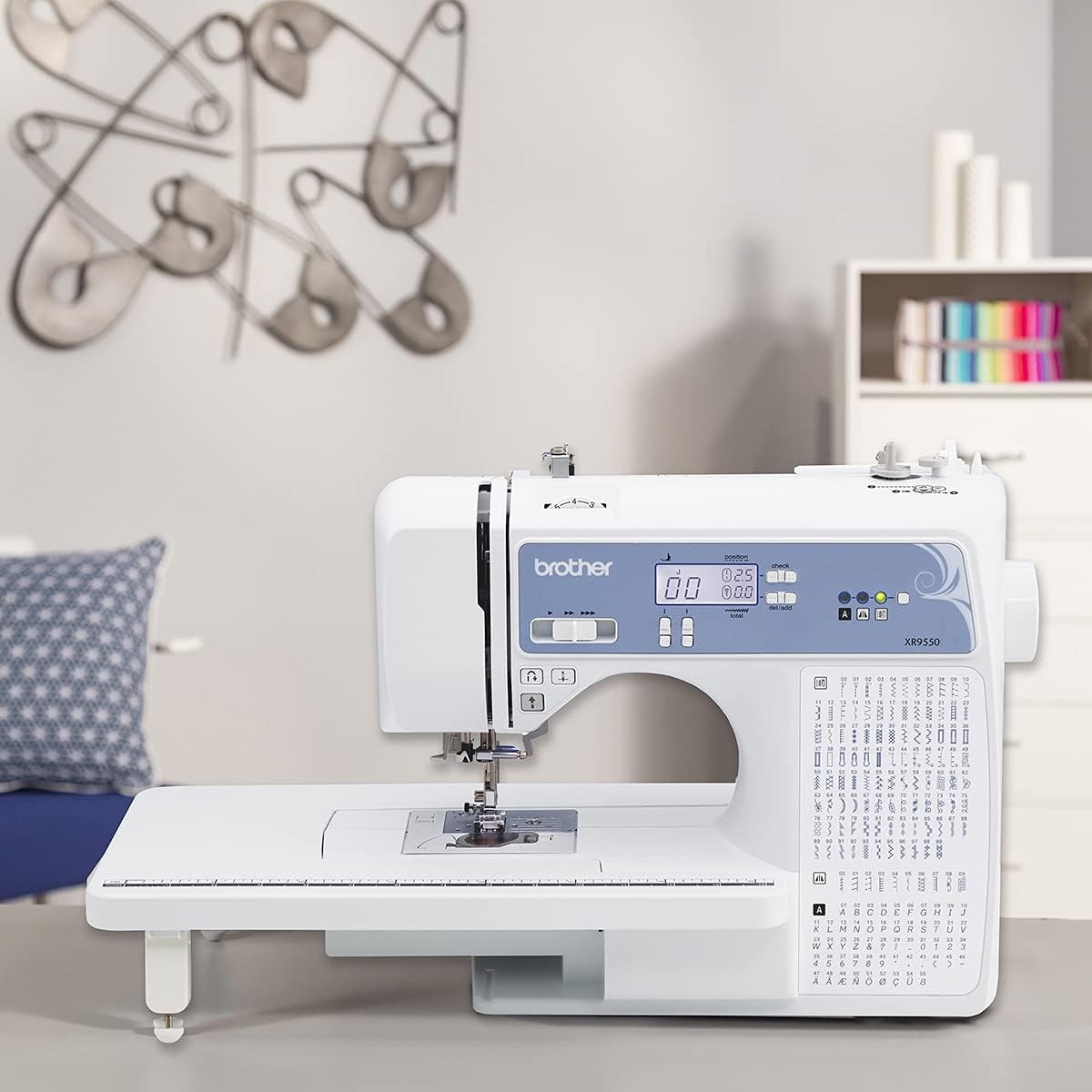 Brother Sewing and Quilting Machine, Computerized, 165 Built-in Pins, LCD Display, Wide Table, 8 Presser Feet Included, White, 20x12x17